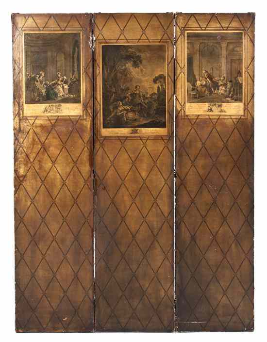 Appraisal: A Continental Painted Leather Three-Panel Floor Screen each panel decorated