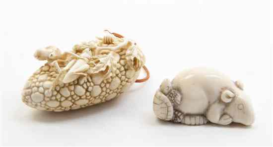 Appraisal: Two Japanese Ivory Netsuke one carved as a tortoise upon