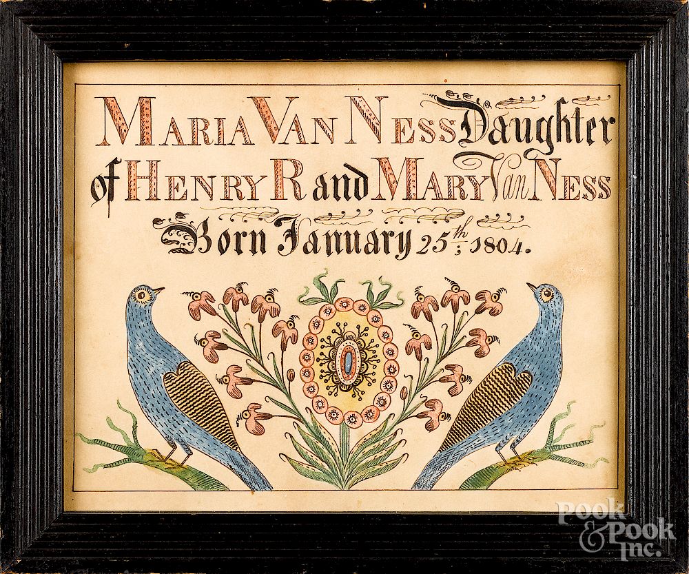 Appraisal: New Jersey watercolor fraktur birth certificate Exclusive on Bidsquare New