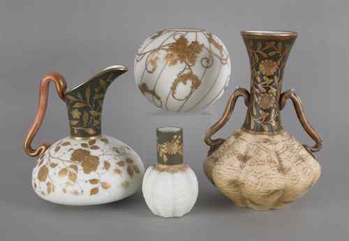 Appraisal: Enameled decorated glass ewer h together with three vases