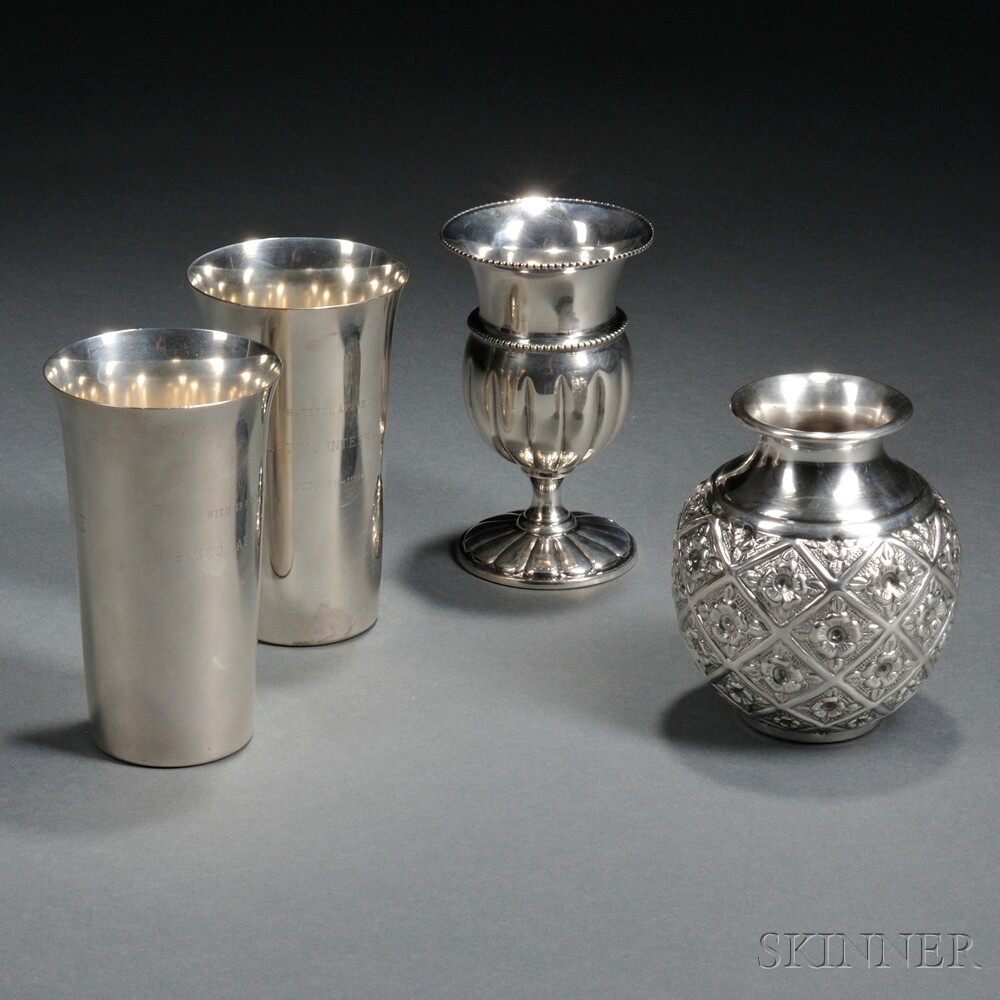 Appraisal: Four Sterling Silver Vessels th century two South American vases