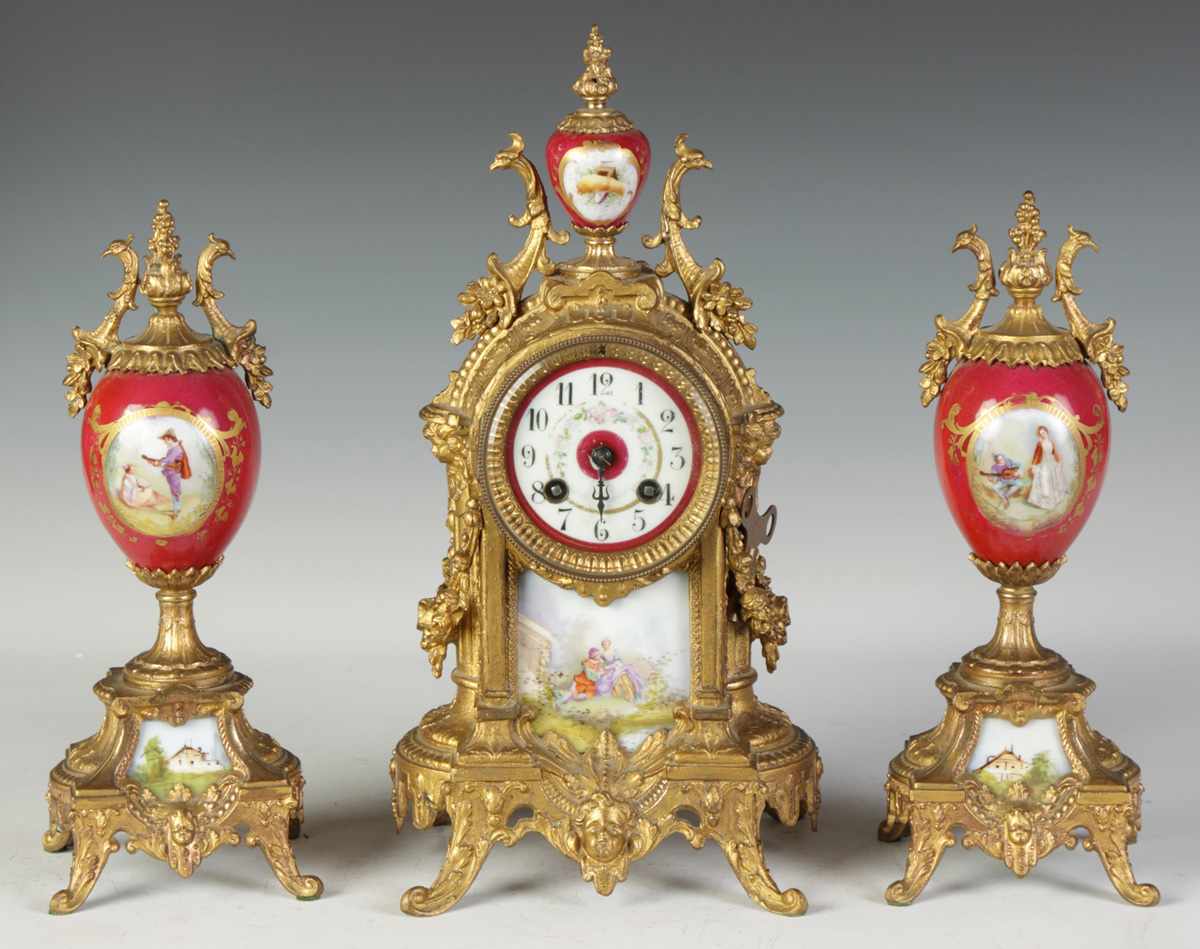 Appraisal: Piece French Clock Set w Porcelain Panels Condition Missing hand