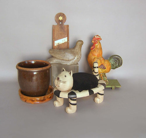 Appraisal: Misc folkart to include a redware mush mug rooster pull