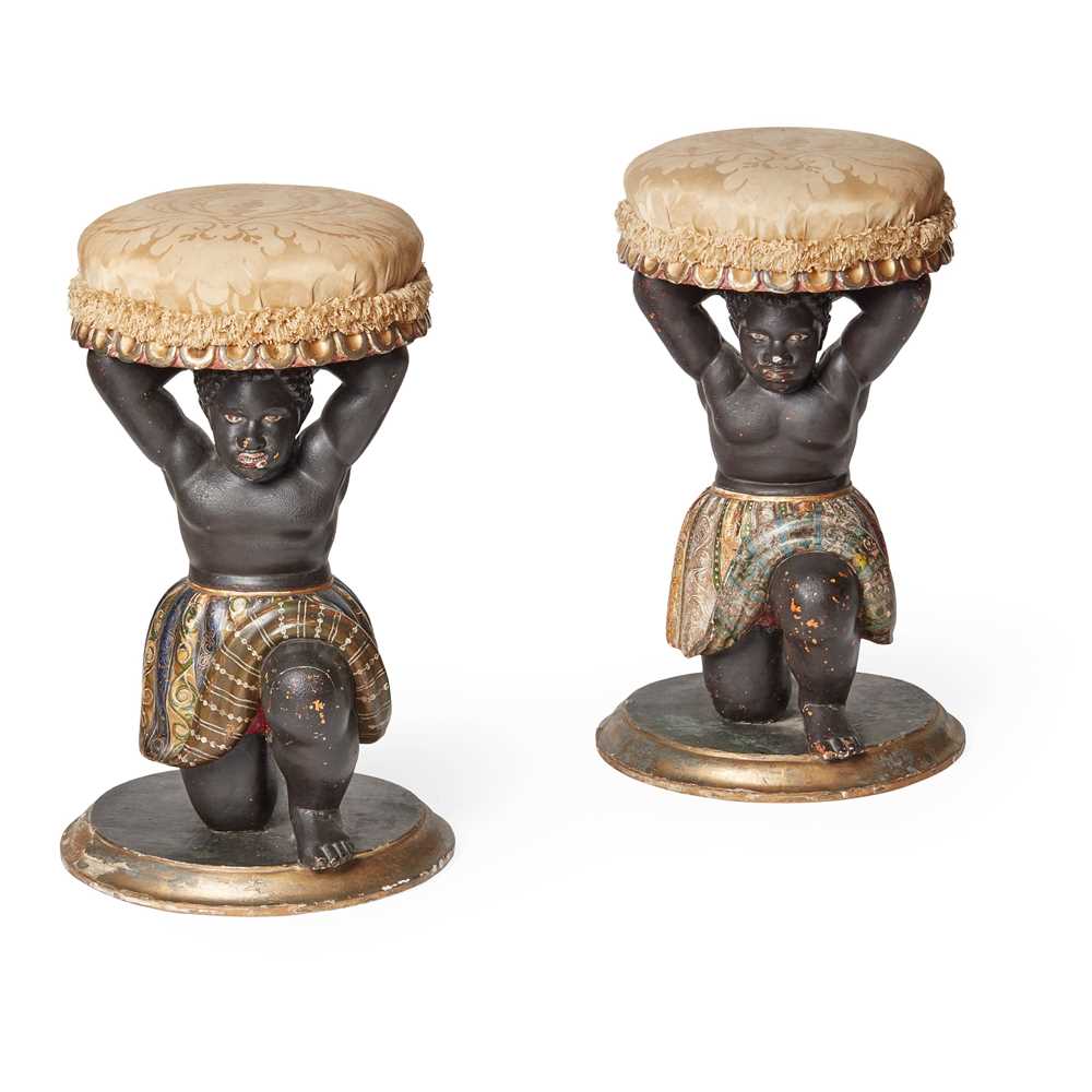 Appraisal: PAIR OF ITALIAN CARVED AND POLYCHROMED BLACKAMOOR STOOLS TH CENTURY