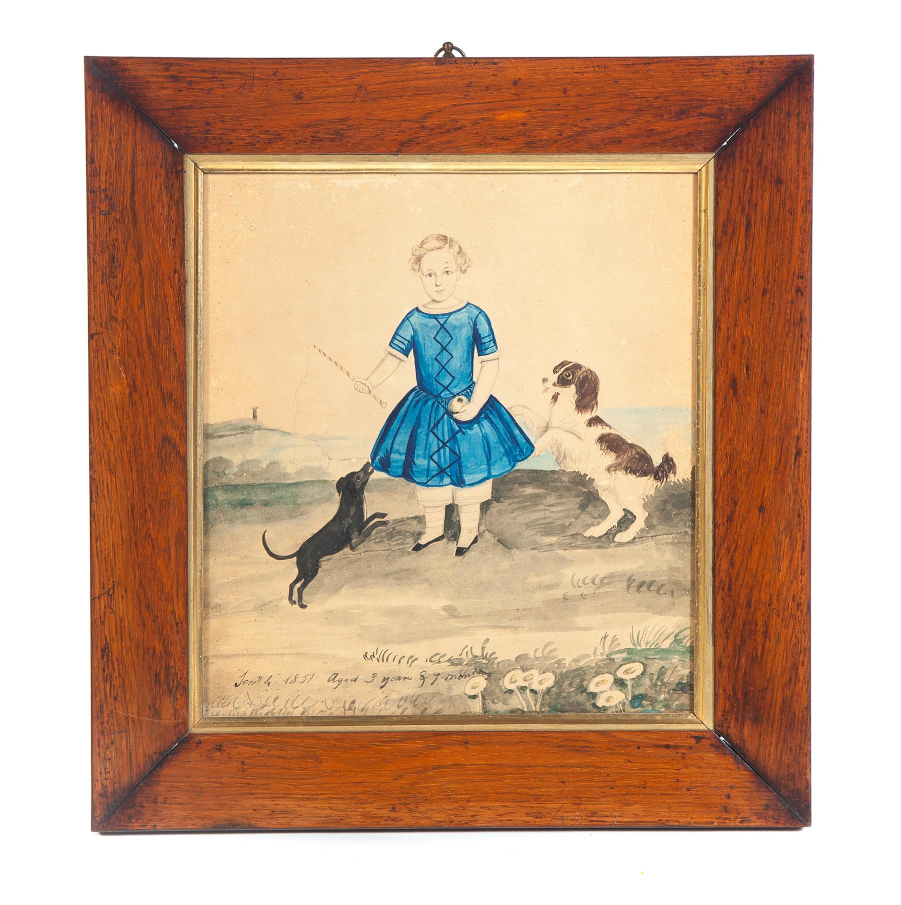 Appraisal: PORTRAIT OF CHILD AND DOGS American mid th century watercolor