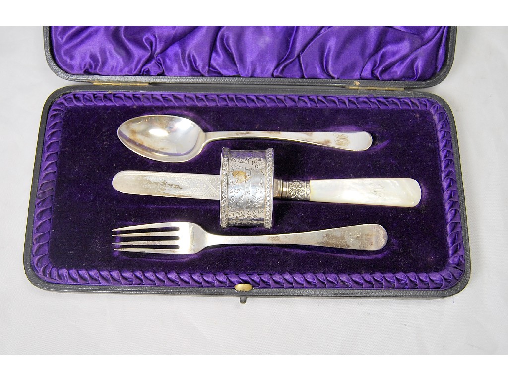 Appraisal: Child's three piece Christening set having engraved handles and bowls