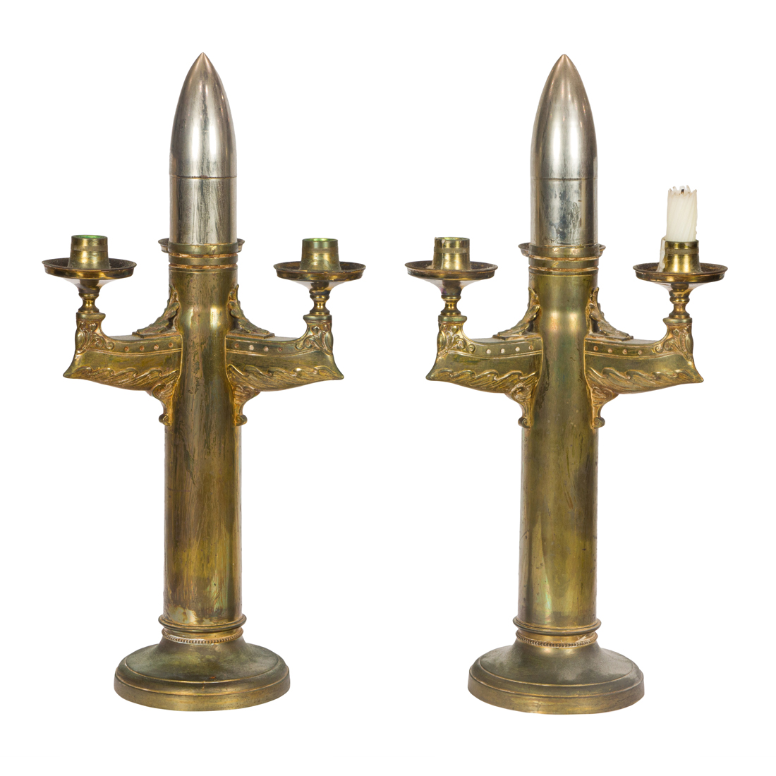 Appraisal: A PAIR OF SWEDISH TRENCH ART BRASS TWO-LIGHT CANDELABRA A