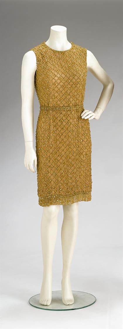 Appraisal: Mollie Parnis gold beaded cocktail dress s Sleeveless round collared