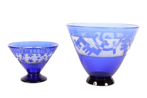 Appraisal: Two contemporary blue and frosted glass footed conical vases each