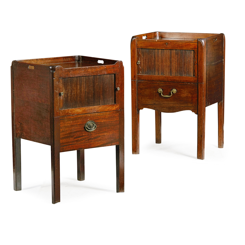 Appraisal: TWO GEORGE III MAHOGANY TRAY TOP BEDSIDE COMMODES TH CENTURY