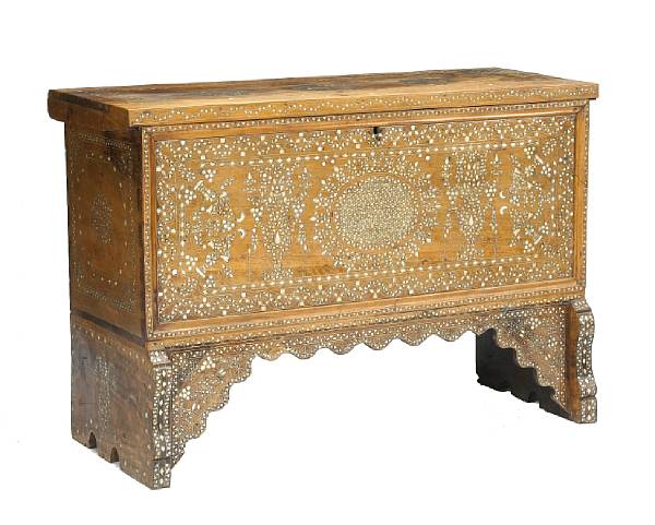 Appraisal: A Syrian bone inlaid hardwood coffer th century The rectangular