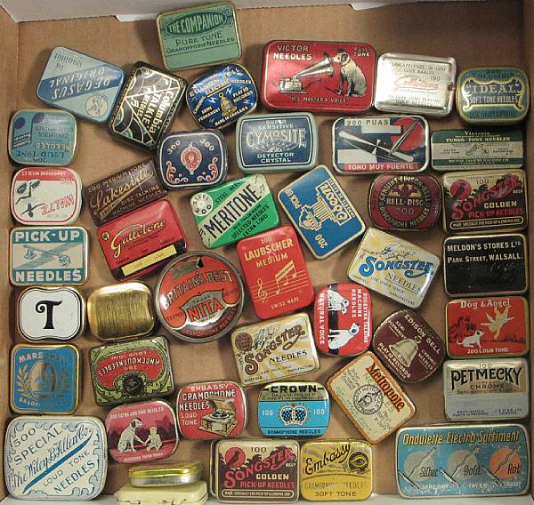 Appraisal: Phonograph Needle Containers A large assortment of multicolored tin lithographed