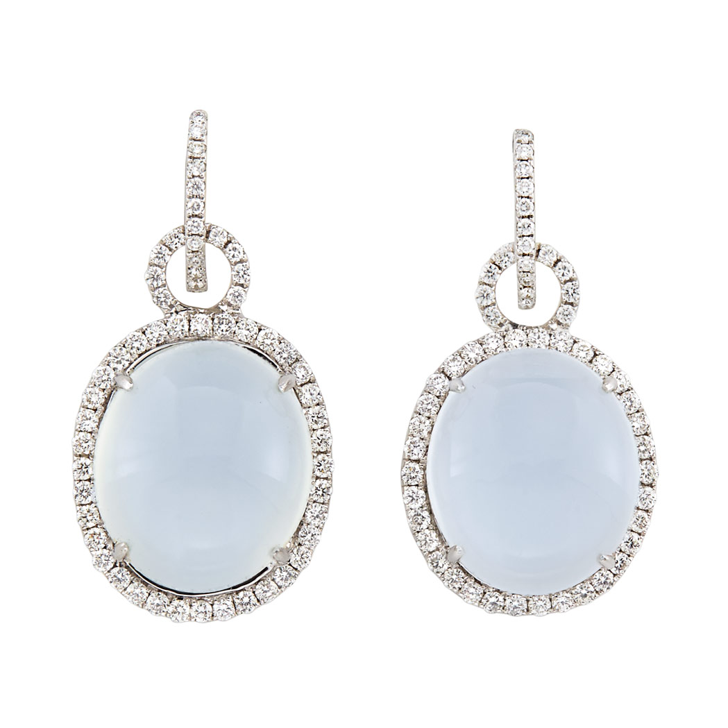 Appraisal: Pair of White Gold Moonstone and Diamond Pendant-Earrings kt oval