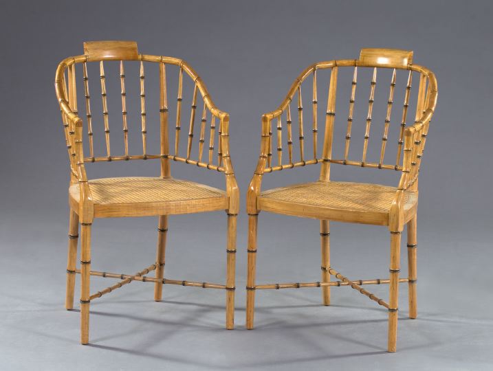 Appraisal: Good Pair of Faux-Bamboo Turned Maple and Caned Armchairs mid-