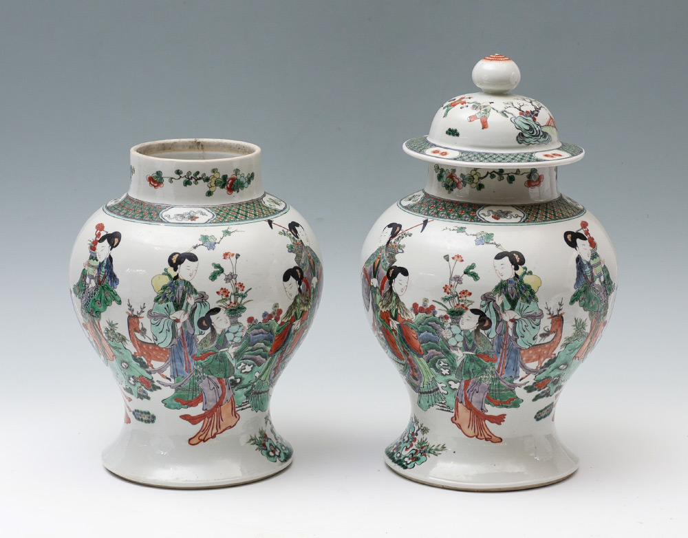 Appraisal: PAIR OF CHINESE GINGER JARS Polychrome decorated earthenware ginger jars