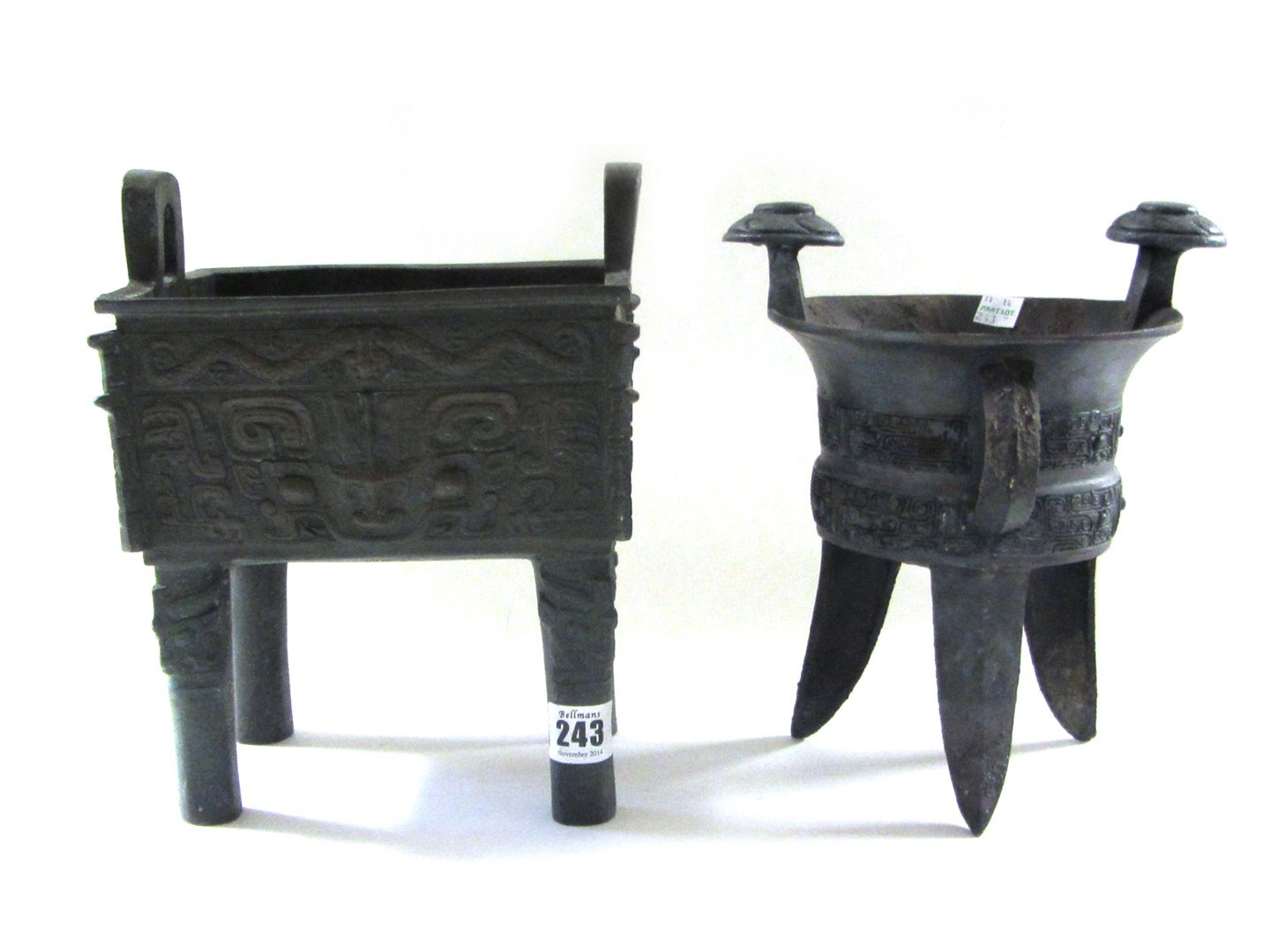 Appraisal: Two Chinese replica bronze food vessels Ding and Fang Ding