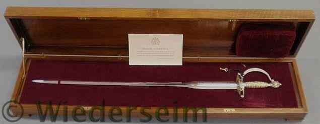 Appraisal: Mahogany herringbone inlaid cased commemorative sword The Queen's Silver Jubilee