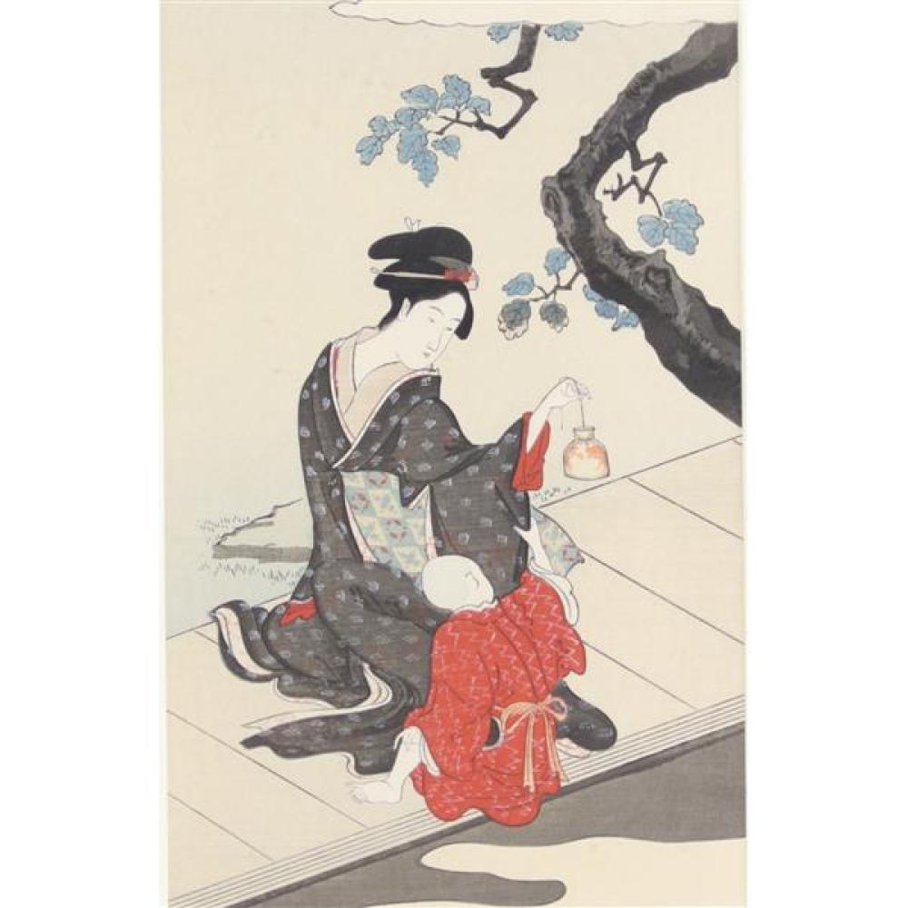 Appraisal: JAPANESE COLOR WOODBLOCK PRINT BY HOSADA EISHI WOMAN AND CHILD