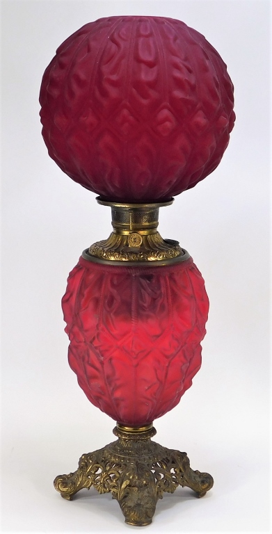 Appraisal: GONE WITH THE WIND CRANBERRY SATIN GLASS OIL LAMP United