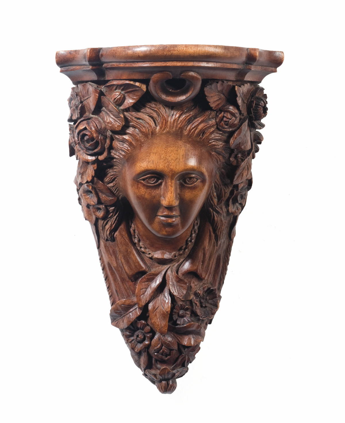 Appraisal: CARVED WALNUT FIGURAL WALL BRACKET WITH LADY SURROUNDED BY FLOWERS