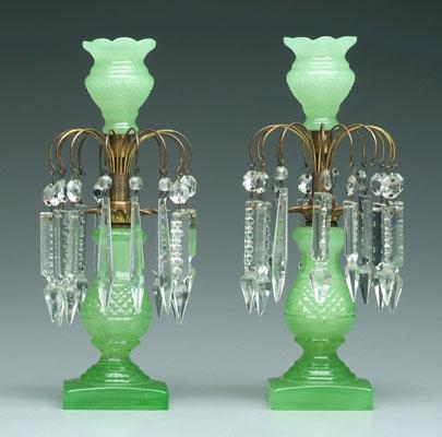 Appraisal: Pair green cut glass candlesticks thistle form hung with clear