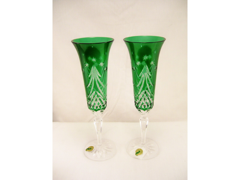 Appraisal: Waterford Holiday Champagne Flutes Green cut to clear with alternating