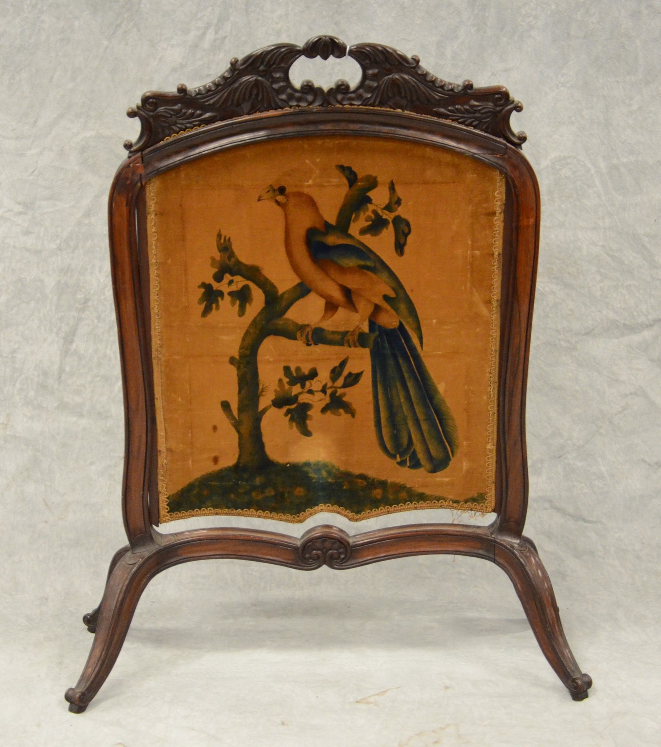 Appraisal: Carved rosewood fire screen hand painted screen panel with velvet