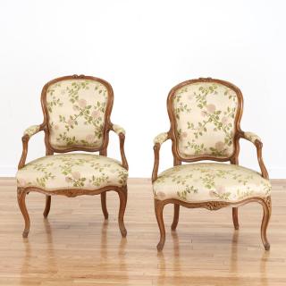 Appraisal: Pair Louis XV style fruitwood fauteuils Pair Louis XV style