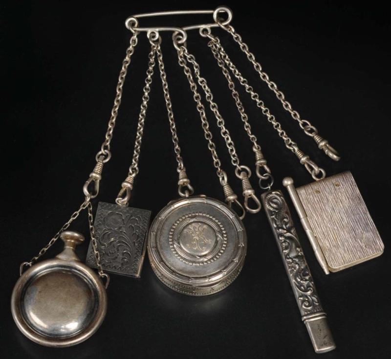 Appraisal: Antique Jewelry Silver Chateline Description Dated Contains five pieces including