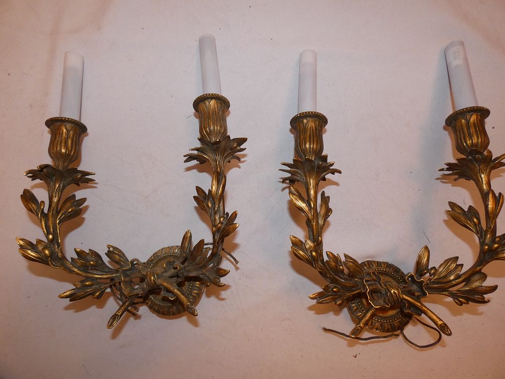 Appraisal: PAIR FRENCH BRONZE SCONCES Pair antique electric French gilt bronze