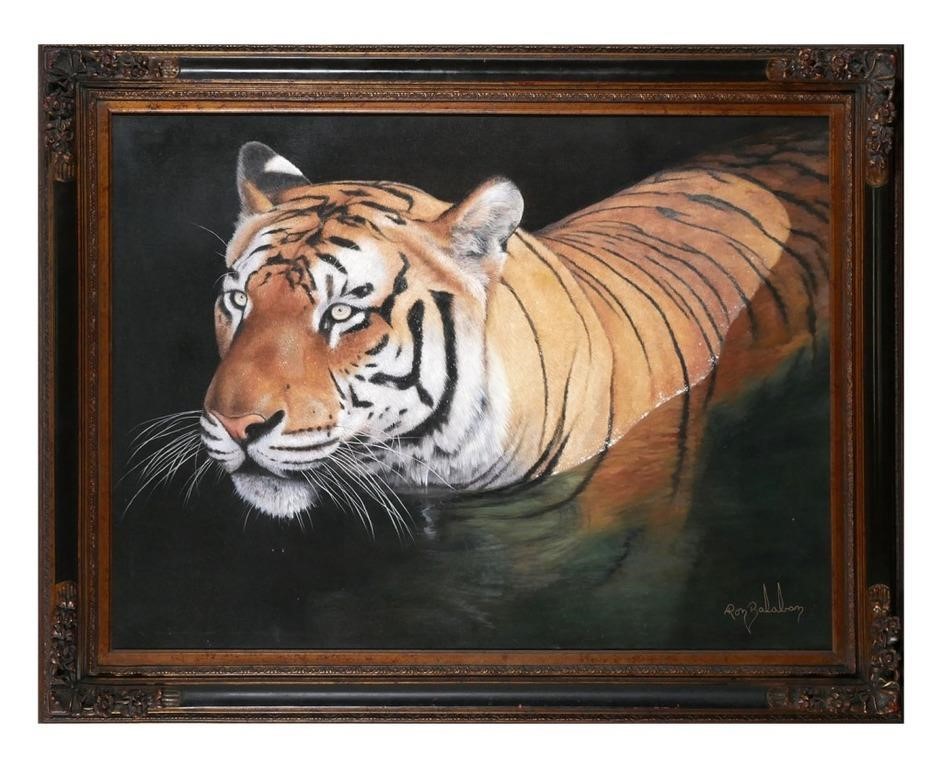 Appraisal: Large oil on canvas painting of a tiger in water