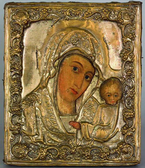 Appraisal: Russian oil and embossed gilt copper on panel icon th