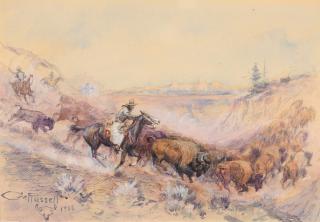 Appraisal: CHARLES M RUSSELL - Pablo Buffalo Drive watercolor on paper