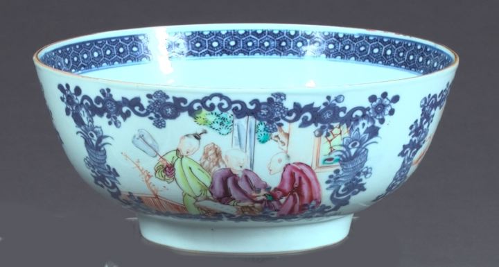 Appraisal: Chinese Export Blue-and-White Porcelain Punch Bowl with alternating polychromed Mandarin