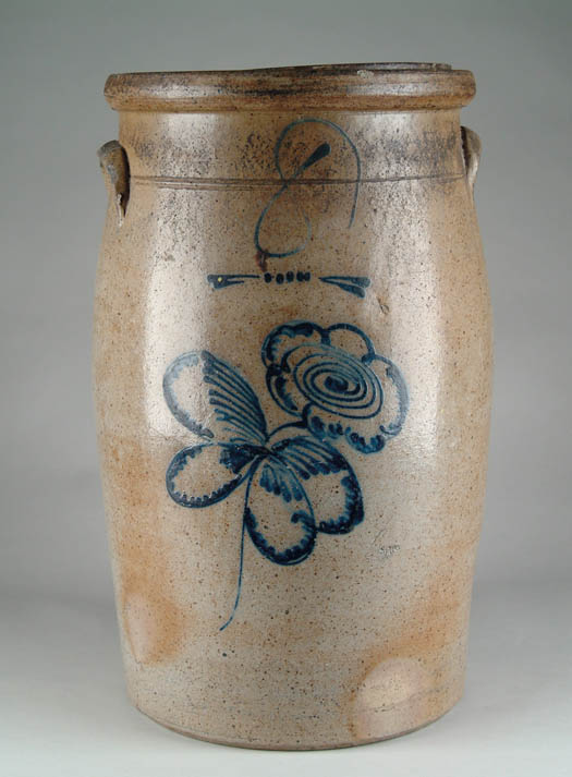 Appraisal: GOOD LARGE GALLON STONEWARE BUTTER CHURN Large blue flower with