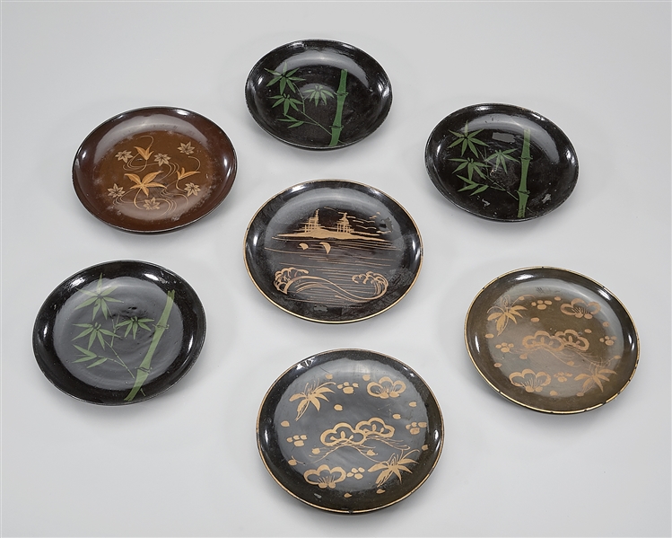 Appraisal: Seven Japanese lacquer plates bamboo and landscape designs D each