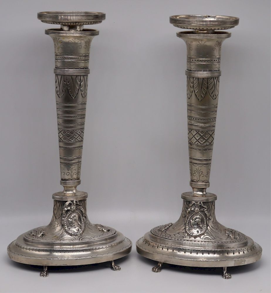 Appraisal: SILVER Pr of Continental Silver Candlesticks Pair of Continental silver