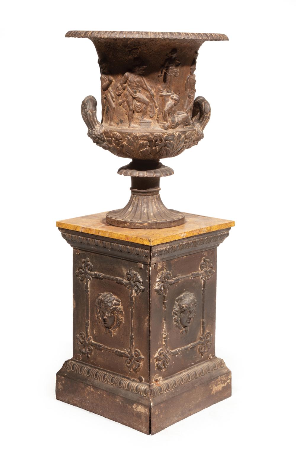 Appraisal: Antique Patinated Cast Iron Campagna Urn on Pedestal urn with