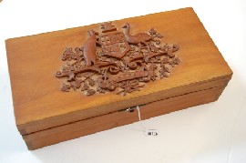 Appraisal: CEDAR BOX WITH APPLIED HAND CARVED AUSTRALIAN COAT OF ARMS