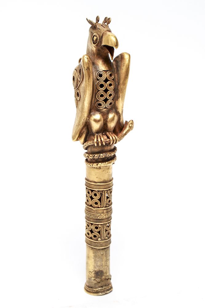 Appraisal: Pre-Columbian Gold Sinu Large Bird Finial on Tube Pre-Columbian gold