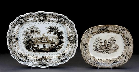 Appraisal: British brown transferware platters circa shaped rim decorated in Joseph