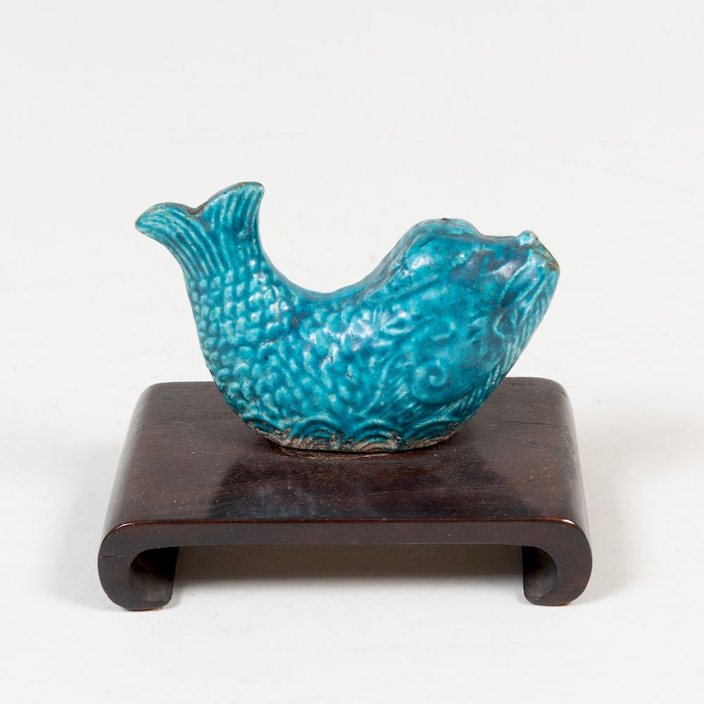 Appraisal: Chinese Turquoise Glazed Water Dropper Mounted on wood stand The