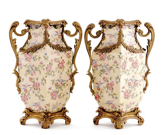 Appraisal: Pair ormolu-mounted porcelain vases paneled lozenge-form vase decorated with floral