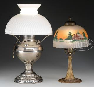 Appraisal: TWO ANTIQUE TABLE LAMPS A reverse painted boudoir lamp with