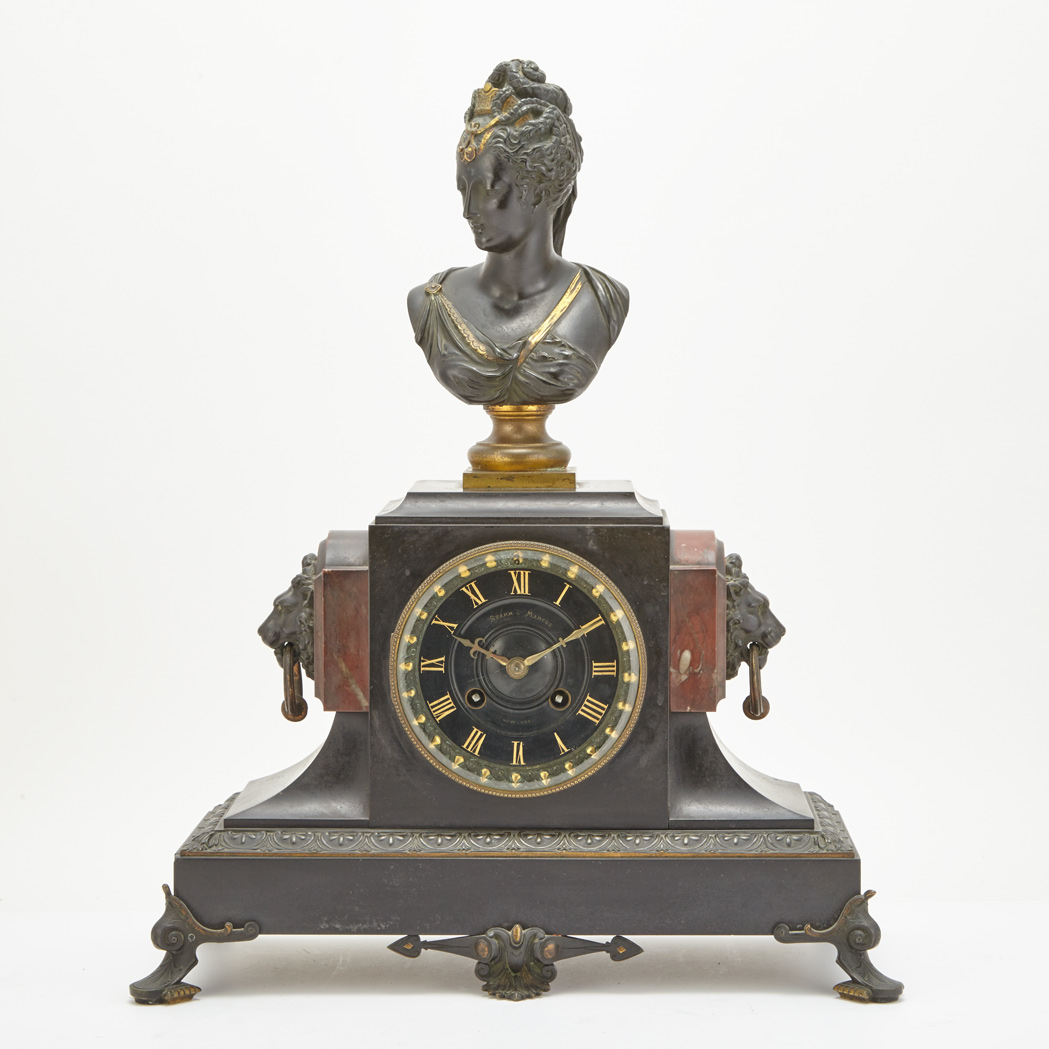 Appraisal: Neoclassical Style Bronze and Rouge Marble Mantel Clock Retailed by