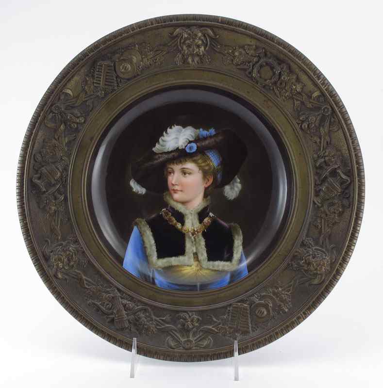 Appraisal: EXQUISITE PORTRAIT PLATE FRAMED IN BRONZE Hand painted image of