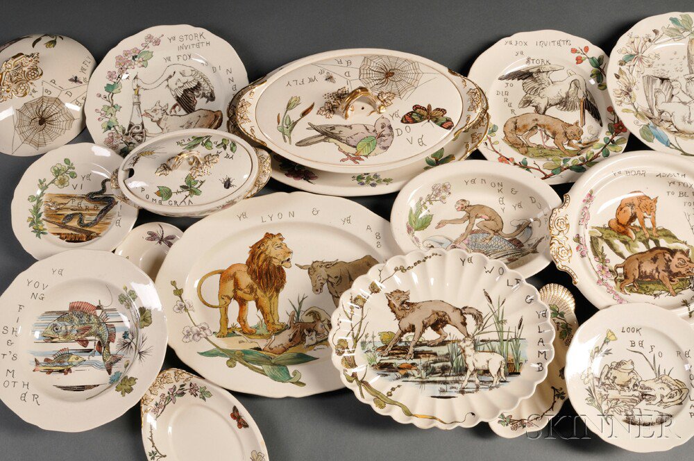 Appraisal: Copeland Earthenware Aesop's Fables Dinner Service England each with cream