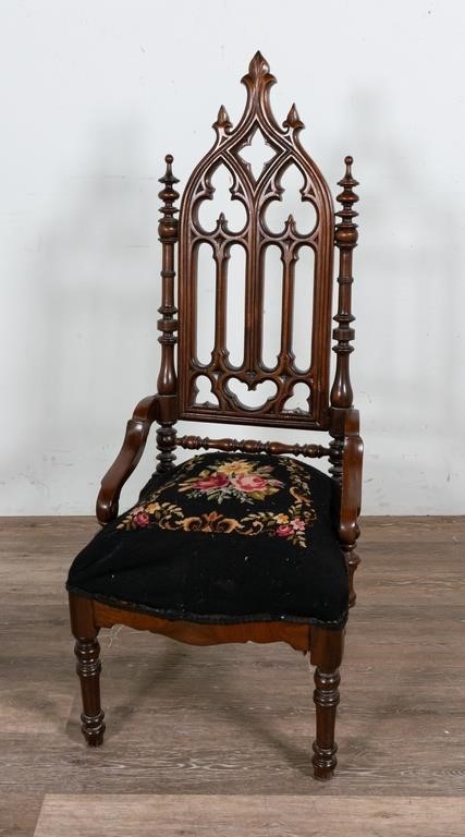 Appraisal: Victorian Gothic Revival chair Late th century Carved Gothic-style back