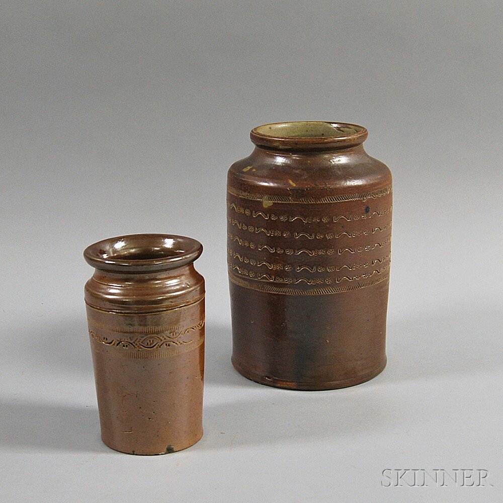 Appraisal: Two Pottery Jars probably Europe th century with impressed foliate