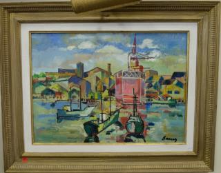 Appraisal: Two oil on canvas harbor scenes Gloucester Harbor geometric landscape